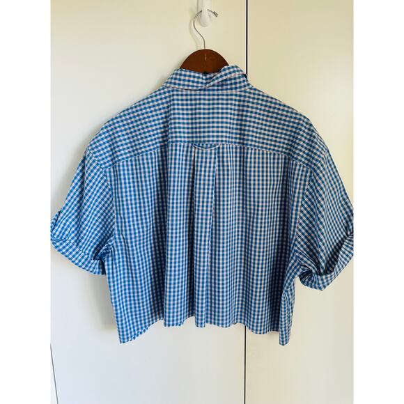 Upcycled Vintage Orvis Button-Up Shirt Cropped Blue Size XL Preppy Reworked - Picture 6 of 7